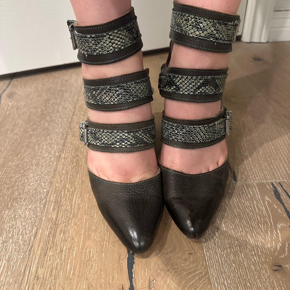 Freebird Jaclynn Brown and Snakeskin Green Strappy Booties